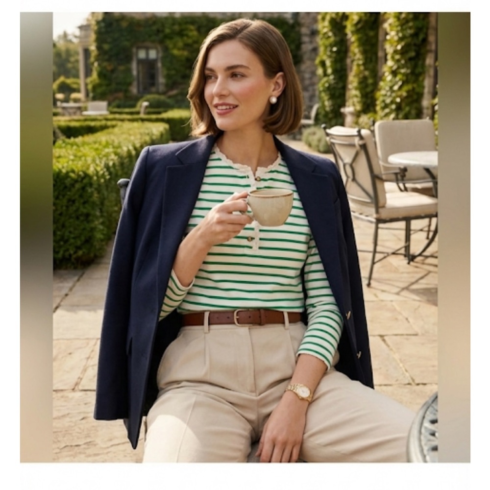J Crew Factory green Striped ruffle-collar henley Size S
